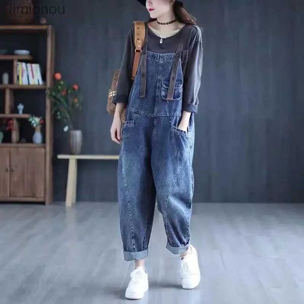 Frauen Overall Spielanzug Overall Frauen Jeans Strampler Neue Retro Große Tasche Lose Denim Overalls Mode Große Größe Breite bein hosen Drop ShippingL240111