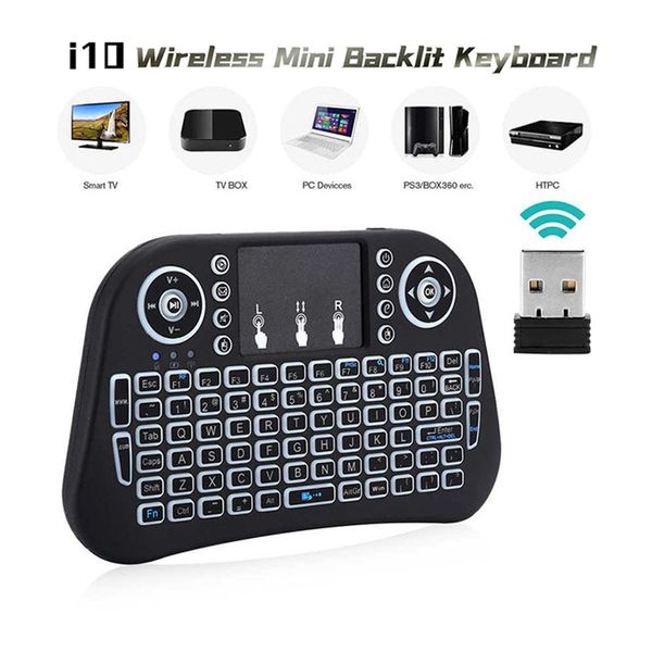 Tastiera wireless Mini i10 di alta qualità 2.4G Air Mouse Telecomando Touchpad Tastiere retroilluminate per Smart Android TV Box Tablet PC Ps3 Console di gioco Xbox Inglese