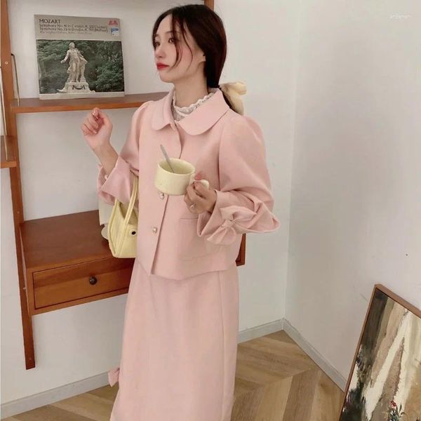 Arbeitskleider Frauen Süße Schleife Designer Rock Anzüge Weibliches Temperament Koreanische Mode Split Röcke Set 2024 Frühling Rosa Elegante Zwei Stücke