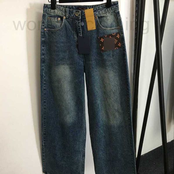 Jeans femininos designer novo grosso pernas edição feminina flor velha couro cintura alta perna larga calças jeans azul o6w1