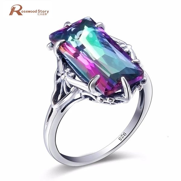 Charme feminino anel multicolorido arco-íris fogo místico topázio 925 prata esterlina vintage anéis de casamento para mulheres moda jóias 240112