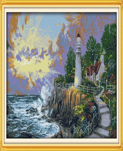 O farol torre de luz à beira-mar decoração de casa pintura artesanal ponto cruz bordado bordado conjuntos contados impressão em tela DMC 17969360