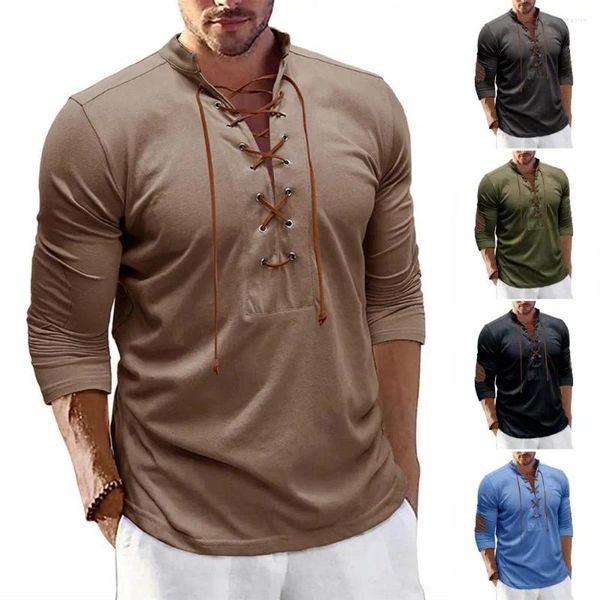 Мужские футболки, мужские футболки на осень и весну с воротником-стойкой на шнуровке, облегающие футболки с длинными рукавами, средней длины, однотонный пуловер, футболка в стиле ретро