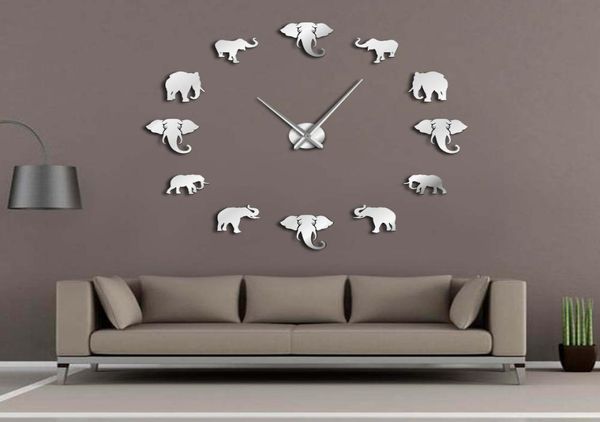 Animais da selva elefante diy grande relógio de parede decoração para casa design moderno efeito espelho gigante sem moldura elefantes diy relógio y2004211356
