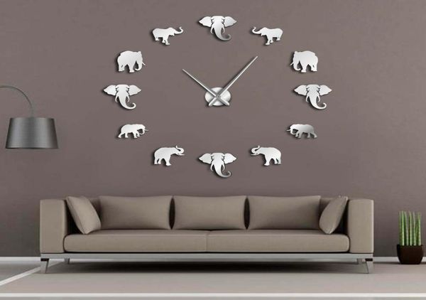 Animali della giungla Elefante Fai da te Grande Orologio da parete Decorazioni per la casa Design moderno Effetto specchio Elefanti giganti senza cornice Orologio fai da te Y2004211356