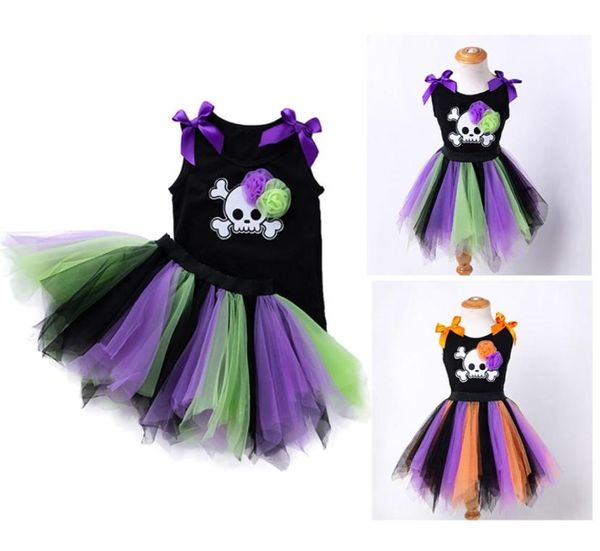 Halloween bebê menina festa conjuntos de roupas 27t crianças designer crânio vestido cosplay roupas sem mangas algodão topsskirt2pcsset8135336