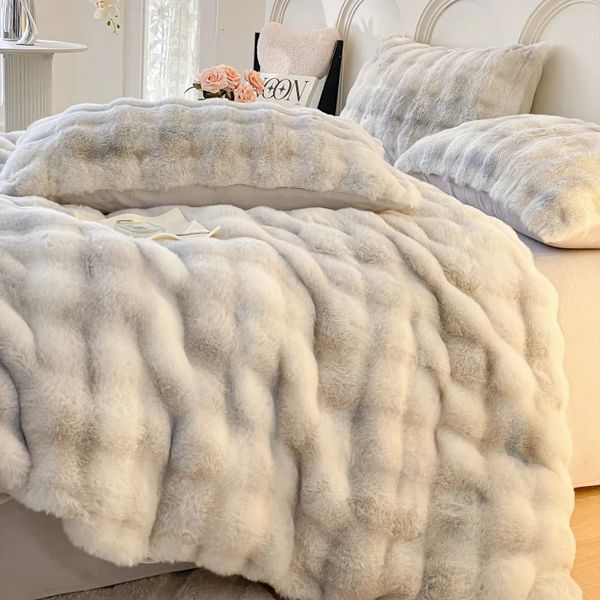 Roupa de cama faux-coelho flanela capa de edredão para cama de pelúcia veludo consolador conjuntos capa de edredão nórdico estilingue meninas cobertores quentes 240111