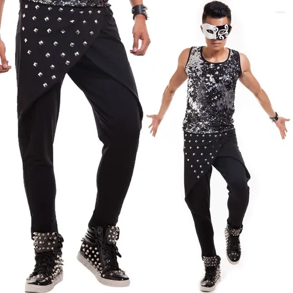 Erkekler pantolon Idopy Punk Square Rivets İnce Pantolon Gece Kulübü Hip Hop Dans Harem Kentsel Stil Joggers Erkek İçin