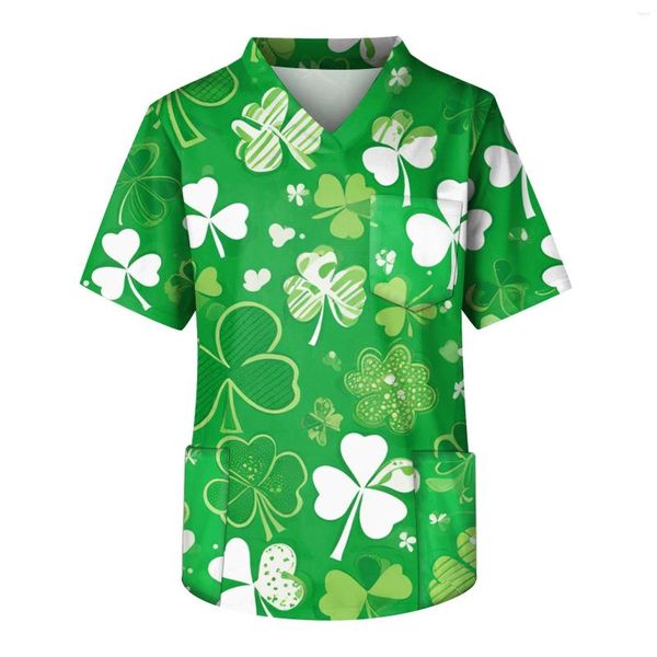 Homens camisetas Esteticista Workear Homens St. Patrick's Day Imprimir Respirável Scrub Tops Lab Uniforme Camisa Dustproof Trabalho
