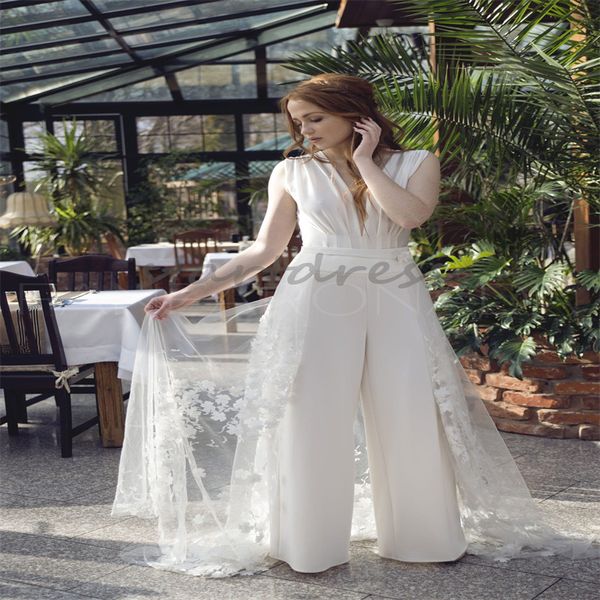 Abito da sposa tailleur pantalone da favola con strascico overskrit Fiore pizzo Elegante abiti da sposa bohémien Boho Romantico scollo a V rustico Abito da sposa hippy civile country