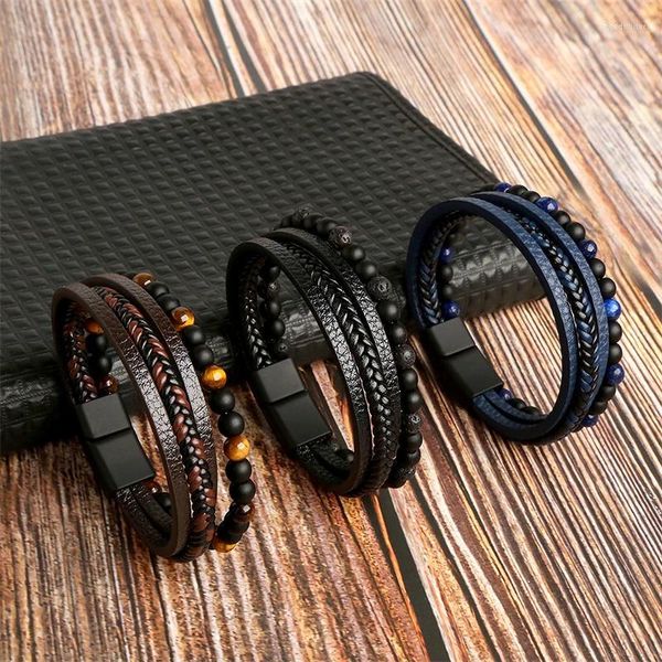 Charme Pulseiras Moda Clássico Pedra Natural Pulseira De Couro Para Homens Multi Camadas Handtecido Frisado Magnético Snap Jóias