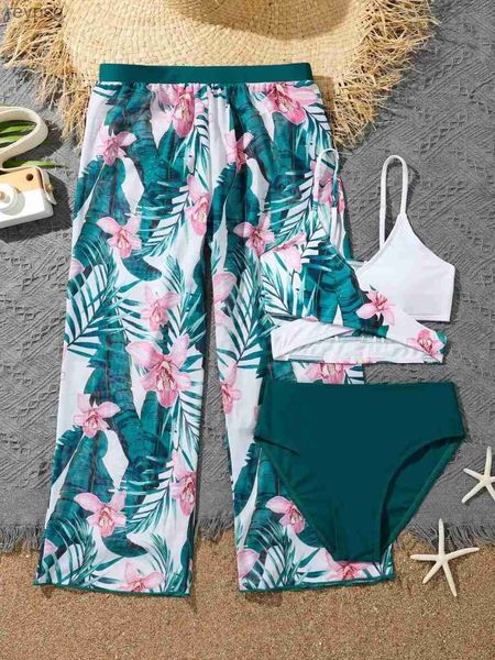 Mulheres Swimwear 3 peças Tropical Print Bikini 2023 Meninas Maiô com Saia Crianças Banhistas Femininos Banho Natação Natação Terno Beachwear YQ240112