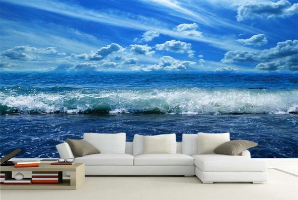 Papel de parede autoadesivo personalizado 3d, papel de parede azul, céu, mar, ondas, natureza, cenário, sala de estar, quarto, à prova d'água, 3941472