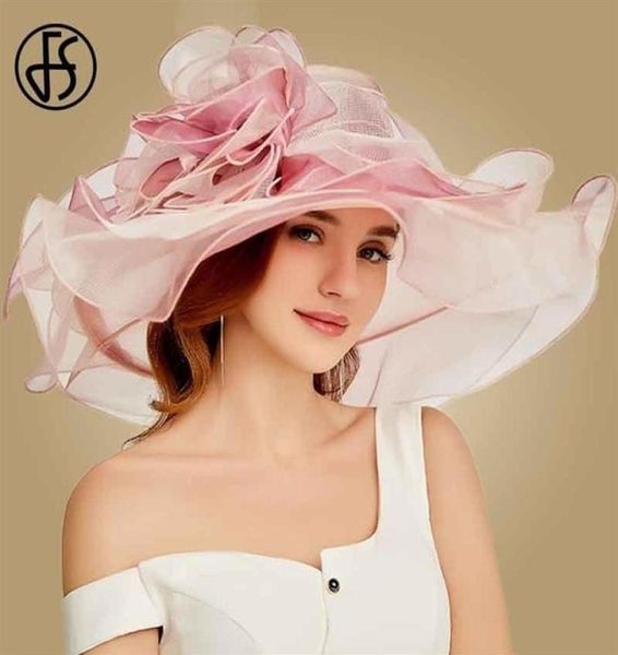 Fs rosa kentucky derby chapéu para mulheres organza chapéus de sol flores elegante verão grande aba larga senhoras casamento igreja fedoras t2006022327443