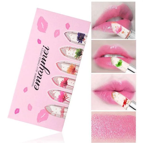 Hidratante de longa duração Jelly Flor Batom Maquiagem Temperatura Mudou Colorido Lip Blam Rosa Transparente 6 Pçs / Set 240111