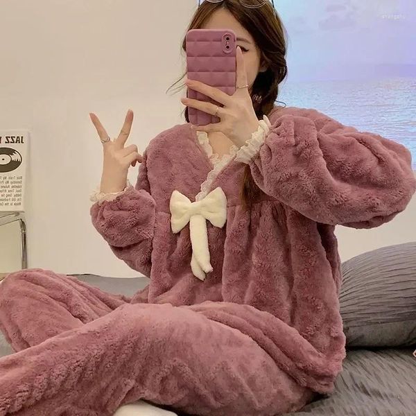 Kadınların Pijama Giyim Kabarık Sıcak Yay Parçası Pantolon Gece V Yastın Kış Şeftali Baskı Poşsası Pijamalar Takım Kadınlar 2 PiiAma Gündelik Ev