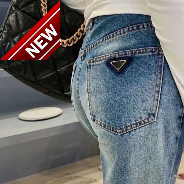 Jeans Donna Nuova Vita Lettera Nastro Alta Canna Diritta per