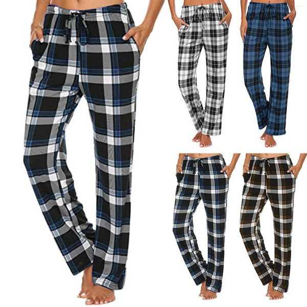 Calças femininas mulheres casual confortável xadrez imprime pijama perna larga longo yoga cordão calças femininas todos os jogos