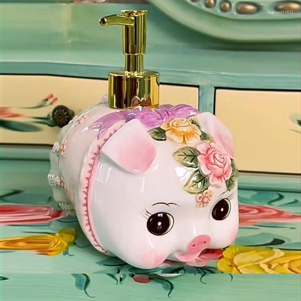 Dispenser di sapone liquido Bottiglia per mano con rosa in rilievo di maiale in ceramica Lozione per animali domestici carina Shampoo pratico squisito