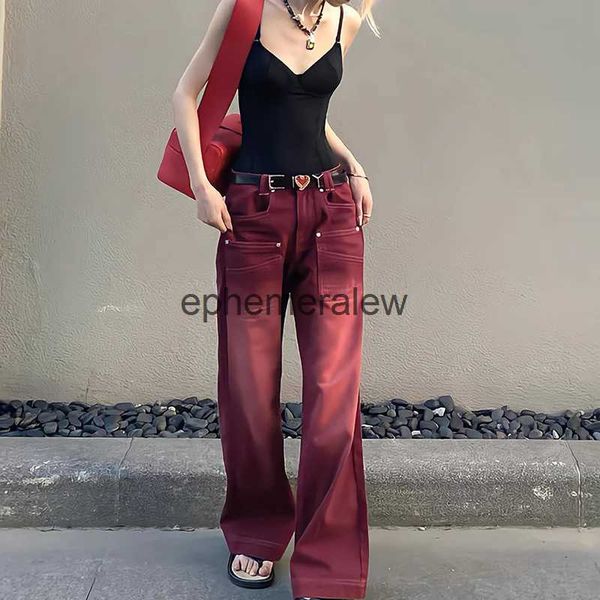 Pantaloni Jeans da Donna Capris Stile Boyfriend Streetwear Pantaloni Larghi in Denim da Donna Vita Alta Y2k Vintage Lavato Distressed Gamba Larga Lavare Rosso