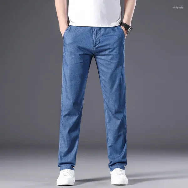 Calças masculinas verão moda fina denim negócios casual cor sólida meados de cintura reta lazer calças fino ajuste roupas elásticas