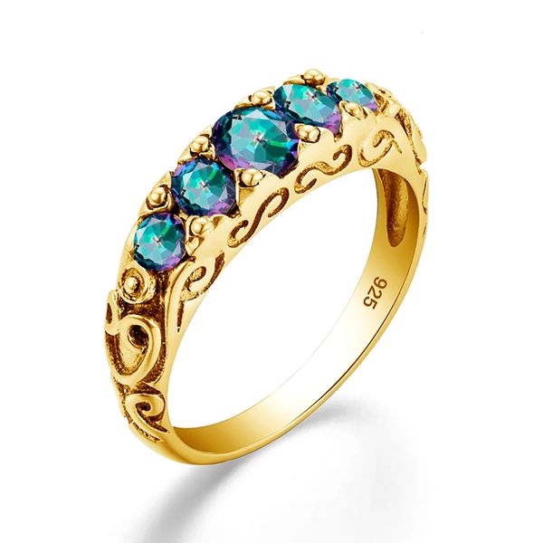 Luxus Marke Gold Mystic Topaz Ring Für Frauen Regenbogen Farbe 5 Stein Hochzeit Band Gebogene Vitoria Schmuck Geschenk Weibliche Hohe qualität 240112