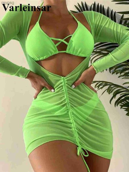 Mulheres de banho com vestido de manga longa halter bikini feminino maiô feminino três peças conjunto banhista maiô natação senhora v4074 yq240112