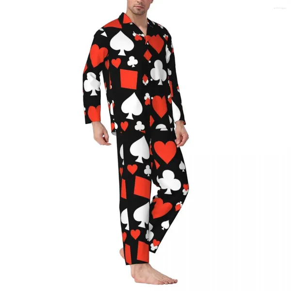 Мужская одежда для сна, покерные карты, пижамный комплект с красными сердечками, модная мужская одежда с длинными рукавами, повседневная одежда для отдыха, комплект из 2 предметов, ночная рубашка размера плюс 2XL