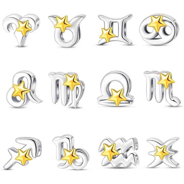 925 Sterling Silber 12 Konstellationen Charms Golden Star Zodiac Perlen passen Pando Original Armbänder DIY Geburtstag Schmuck Geschenke