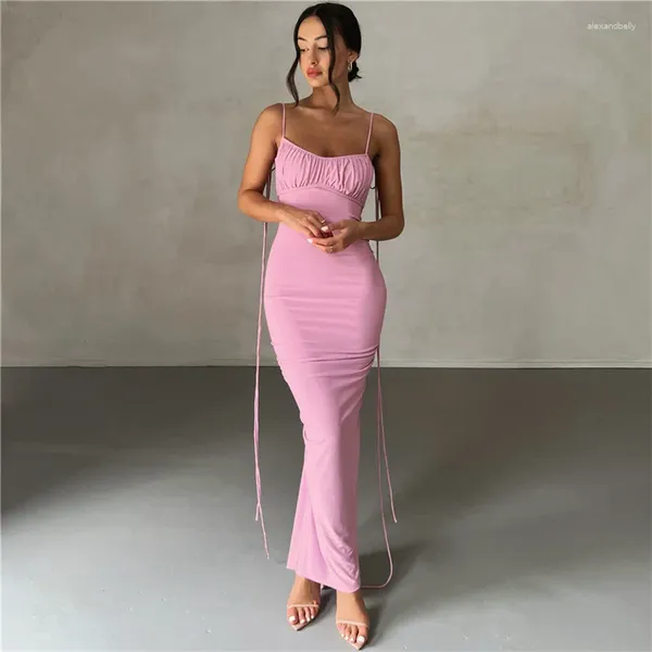 Повседневные платья Макси-платье с открытой спиной, женское облегающее платье со складками на шнуровке в винтажном стиле Y2K, модная вечерняя женская одежда 2024 розового цвета, Vestidos