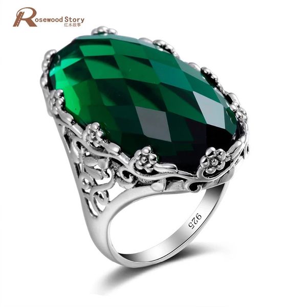Anel de cristal de pedra verde russo, padrão de flor grande, prata esterlina 925 pura sólida para mulheres, joias clássicas vintage 240112