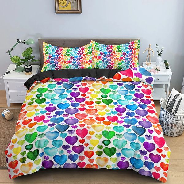 Set copripiumino multicolore Set biancheria da letto queen size con cuori colorati per teenager Copripiumino geometrico in microfibra Cartoon Love Heart 240111