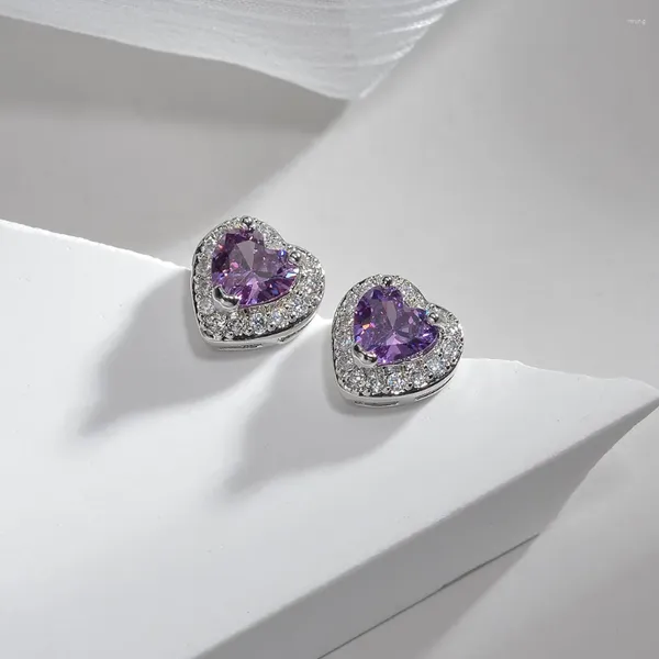 Orecchini a bottone con polvere di rubino a tema cuore rosa viola S925 gioielli in argento sterling da donna Grils Ladies