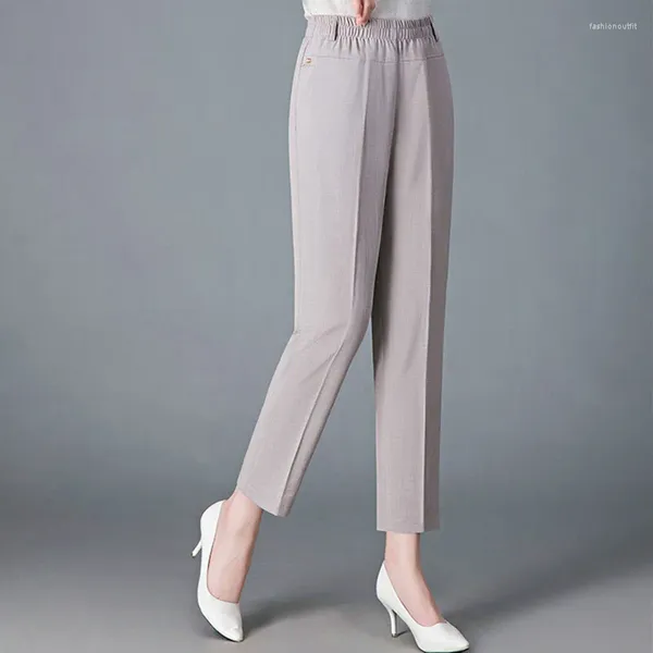 Calças femininas de meia idade mãe respirável rayon linho temperamento reto cintura elástica calça de nove pontos calças femininas L-6XL