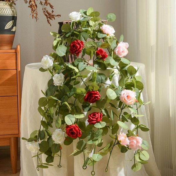 Dekorative Blumen, 170 cm, künstliche Blume, Frühling, weißer Seidenstoff, Heimdekoration, Wandbehang, umwickelt mit Ranken, Eukalyptusrose