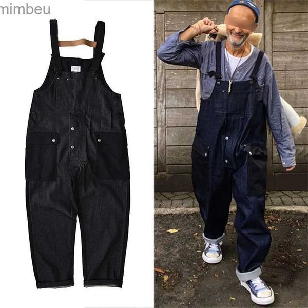 Herren Jeans Safari Style Overalls Herren Patchwork Kontraststich Denim Herrenhose Cargo Multi-Pocket Lässiger funktioneller Arbeitsoverall M-2XLL240111