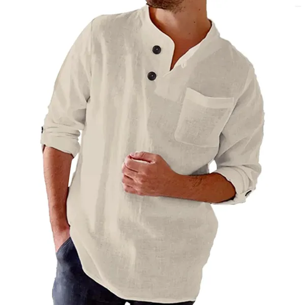 Erkekler Sıradan Gömlekler Düz Renk Düğmesi Çekme Pamuk Keten Bluzlar Erkek Kore Giysileri Beyaz Eğimli Düzensiz Boyun Üstleri Tees