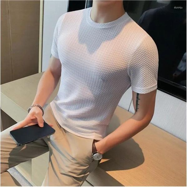 Erkek Tişörtleri Lüks Buz İpek Gömlek Erkekler Kısa Kollu Slim Sıradan T-Shirt Yaz Sosyal Tee Yuvarlak Boyun Sokak Giyim Üstleri S-4XL