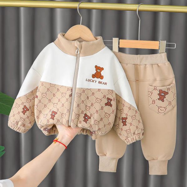 Conjuntos de roupas de inverno para bebês meninos, conjuntos de roupas grossas de pelúcia quentes para meninos com capuz, jaqueta e calças, terno infantil de 0-5 anos CHG2401126-6