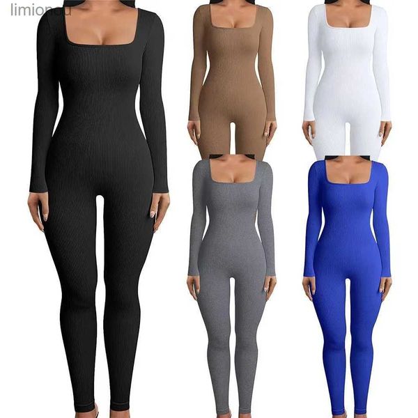 Tute da donna Pagliaccetti Tuta da donna Solido Sexy Slim Fit Elasticizzato Skin-touch a costine in maglia di poliestere Colletto quadrato Manica lunga Tuta Abbigliamento femminileL240111