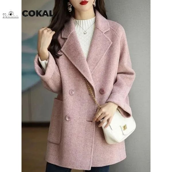 COKAL Корейская тонкая офисная женская зимняя розовая длинная куртка из искусственной шерсти Модное двубортное пальто плотное и теплое 240112