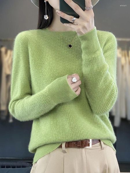 Suéteres femininos simples e elegantes, pulôveres com gola redonda, manga comprida, malhas de lã grossa, quente e confortável, suéter macio, tecido jacquard