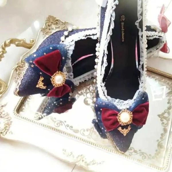 Sapatos de vestido Lolita Handmade Luxo Tea Party Cos Anime Girl Loli Bowknot Lace Pearl Cosplay Feminino Fita Flor Casamento