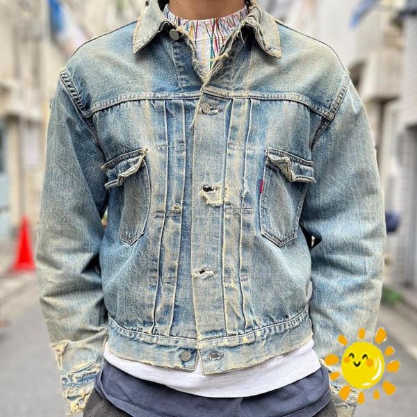 24ss nuova giacca da lavoro in denim lavato Jeans Uomo Donna 1 Cappotto in tessuto pesante blu vecchio di qualità