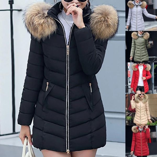 Женские пуховые зимние теплые куртки, модные модели средней длины, тонкая верхняя одежда с капюшоном и большими волосами, милая одежда для девочек