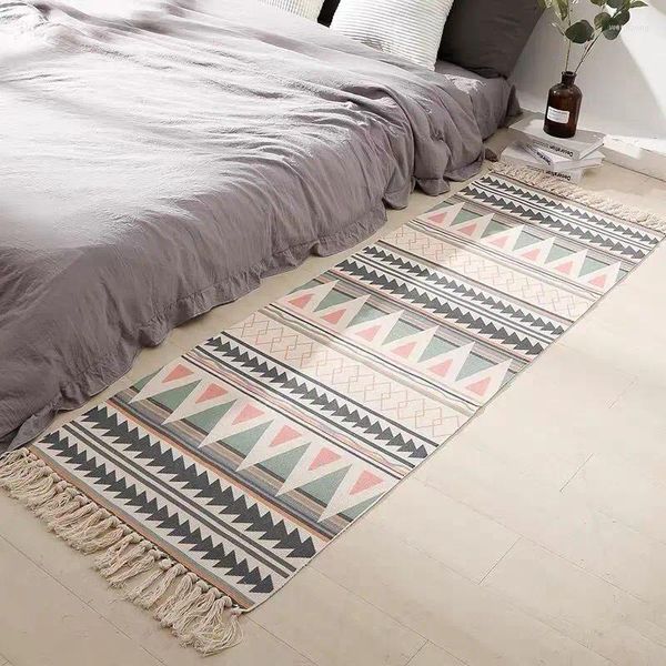 Tappeti Tappeto stampato nordico marocchino Tappetini in cotone e lino tessuti a mano Tappetini moderni per la casa, soggiorno, camera da letto, comodino