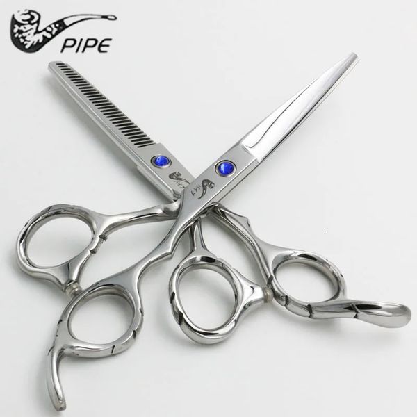 6 Polegada tubo profissional cabeleireiro azul gem tesoura corte desbaste tesoura barbeiro tesouras de cabelo lâmina ferramentas estilo 240112