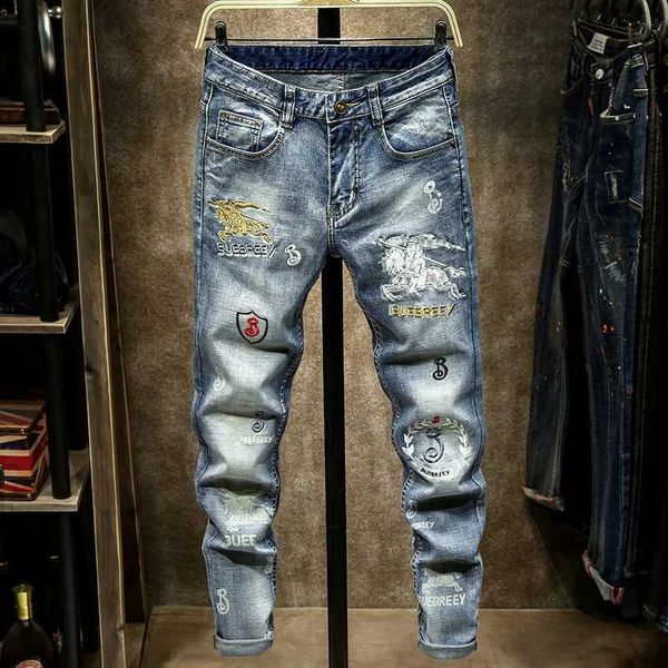 Дизайнерские мужские джинсы, модные весенне-осенние новые свободные прямые мужские джинсы с вышивкой, светло-серый бренд, альтернативная повседневная одежда FFCK