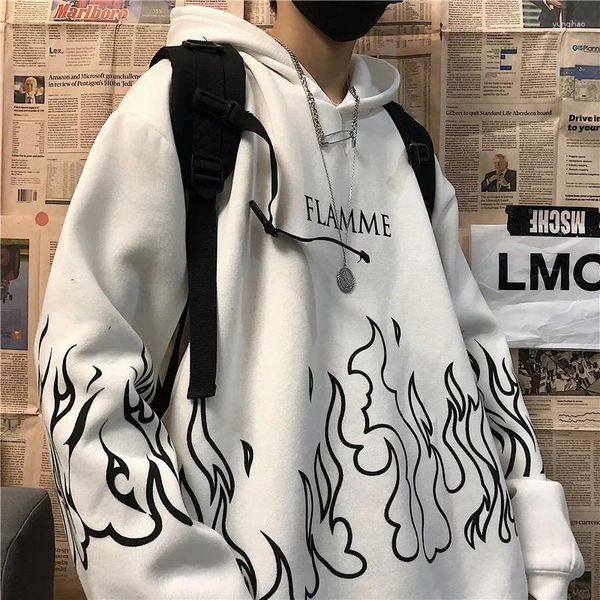 Felpe con cappuccio da uomo stampa di fiamme retrò donna autunno casual pullover a maniche lunghe oversize top felpa allentata unisex stile coreano Harajuku