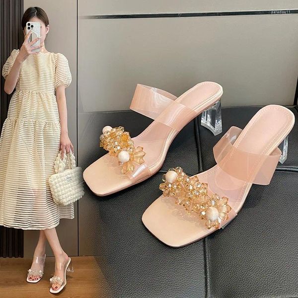 Sapatos de vestido Pérola Transparente Chinelos de salto alto para mulheres 2024 Estilo de verão Sandálias de cristal rosa com